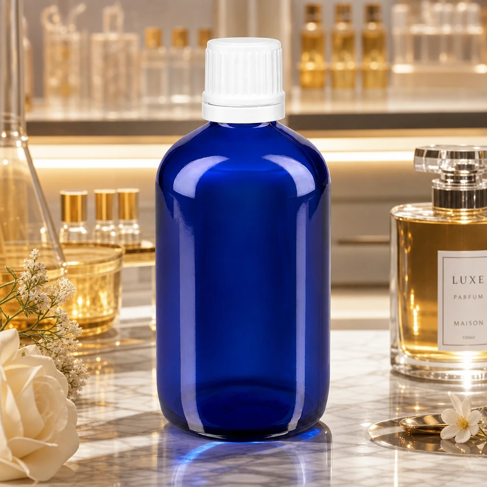 Flacon de pharmacie bleu 100ml bouchon vissable blanc bouchon inviolabilité Flacon de pharmacie bleu cobalt de 100 ml en verre anti-UV avec bouchon à vis blanc, dans un élégant laboratoire de parfumerie