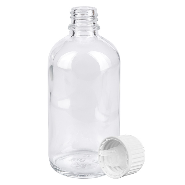 100ml Goutte 0.9mm blanc STD ClearLine UT18/100 Flacon en verre vide de 100 ml avec bouchon compte-gouttes blanc à sécurité enfant (ouverture de 0,9 mm), série ClearLine