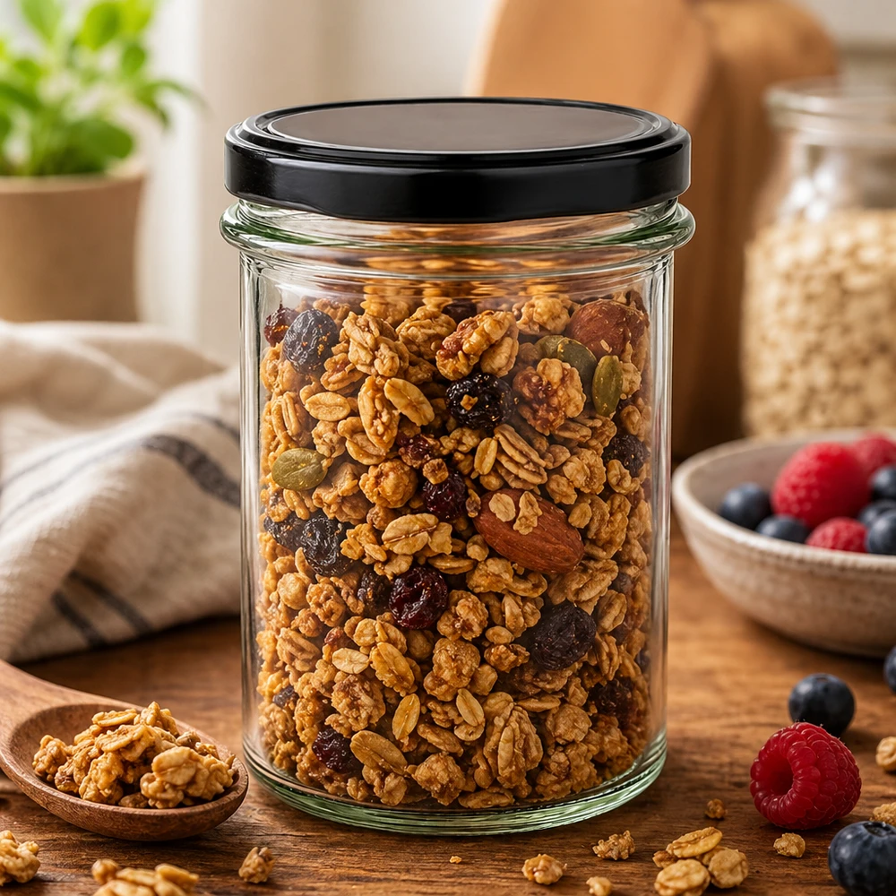 230ml Verre conique avec couvercle BasicSeal noir UNiTWIST 230ml pot BasicSeal noir rempli de mélange de noix Müsli montre une conservation polyvalente pour les fruits secs snacks