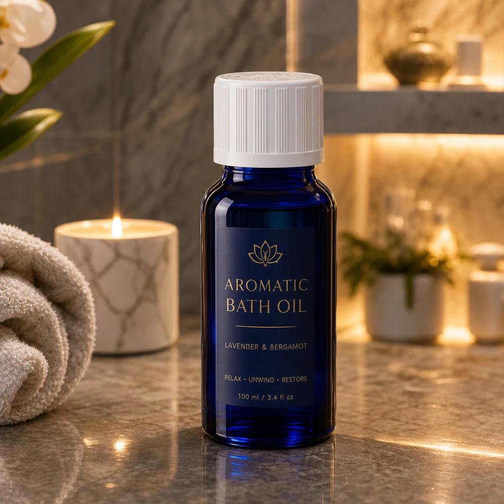Flacon cylindrique en verre de 10 ml, de couleur bleue, avec un bouchon KiSi blanc, dans une ambiance spa