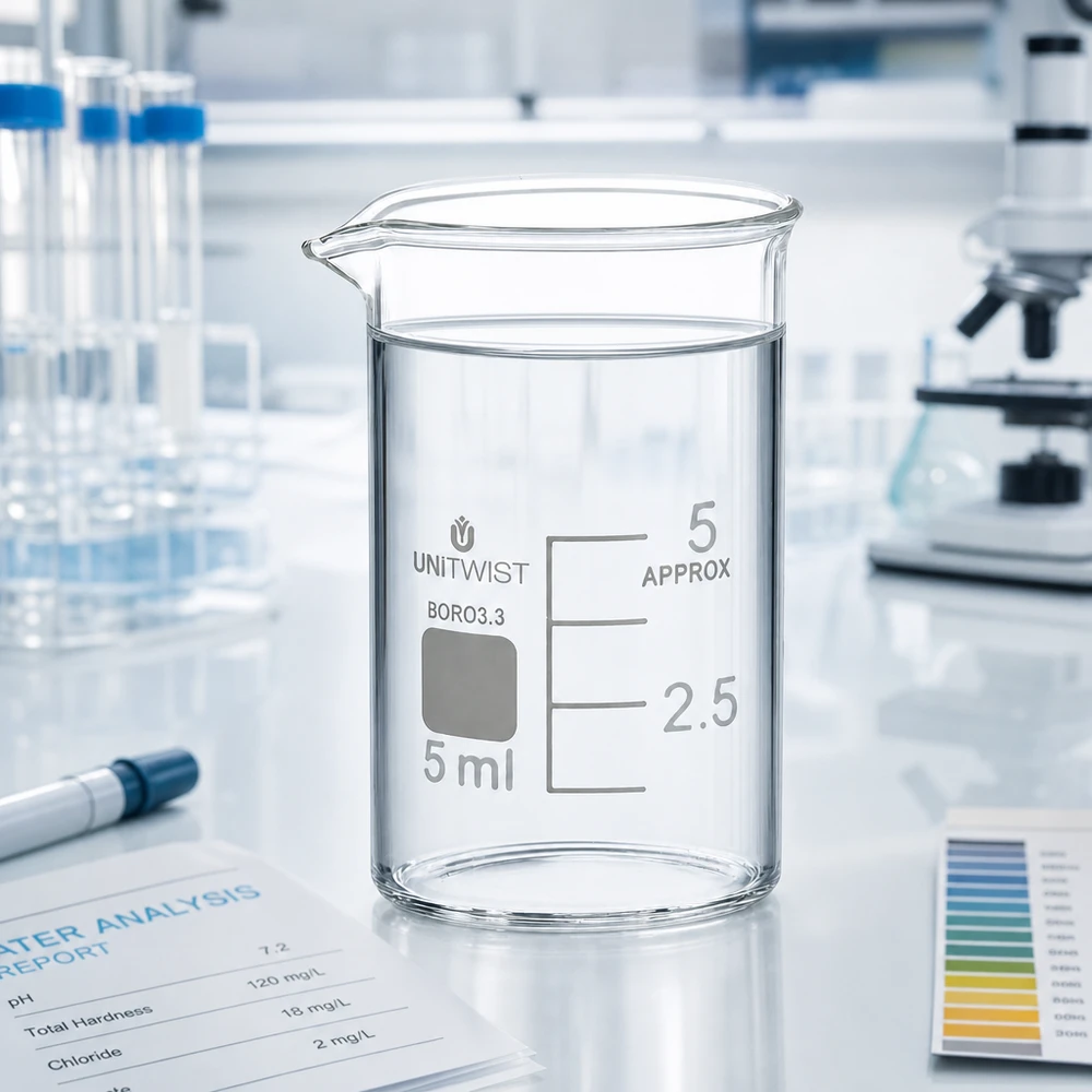 Bécher 5ml borosilicate, forme basse UNiTWIST Verre à mesure transparent de 5 ml avec graduation en millilitres et zone d'inscription grise de la marque UNiTWIST