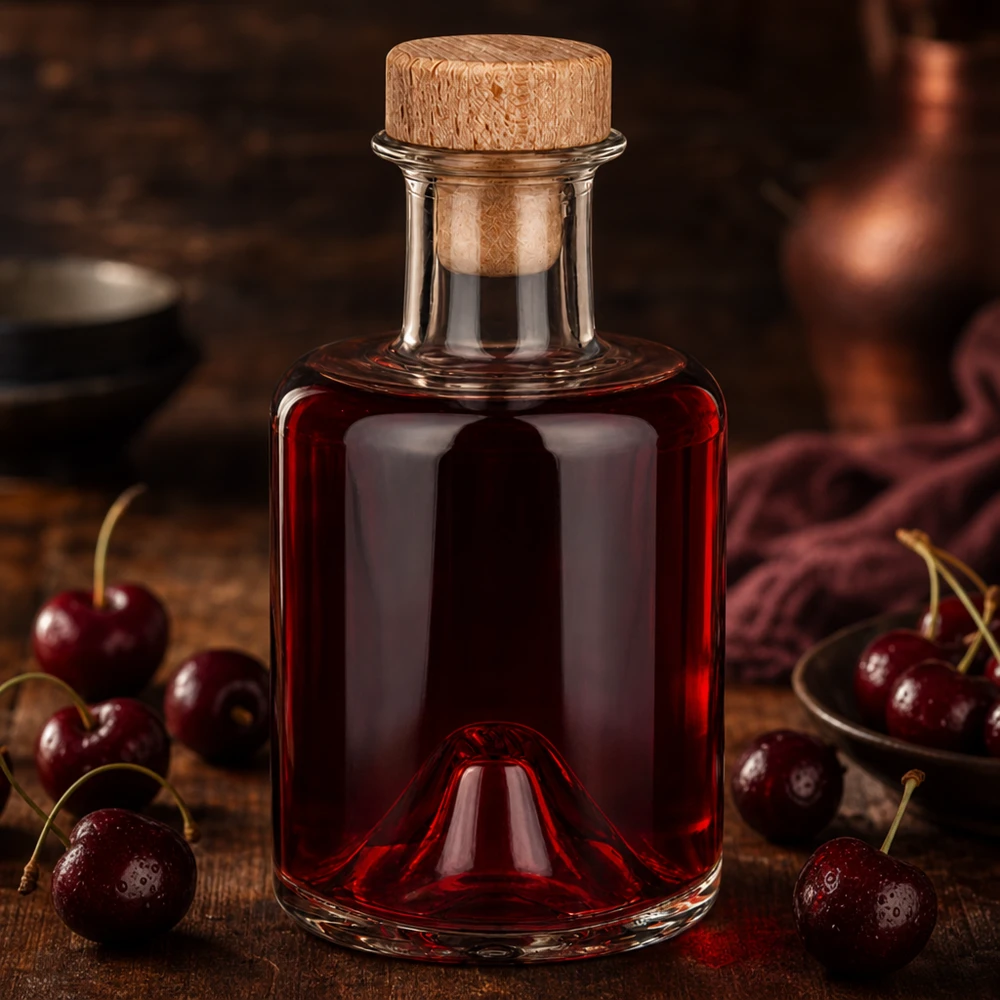 Flacon à pharmacie « Sofia » 200 ml avec bouchon en bois UNiTWIST® 200ml Glasflasche Sofia mit Holzkorken gefüllt mit roter Kirschflüssigkeit umgeben von frischen Kirschen auf Holzuntergr