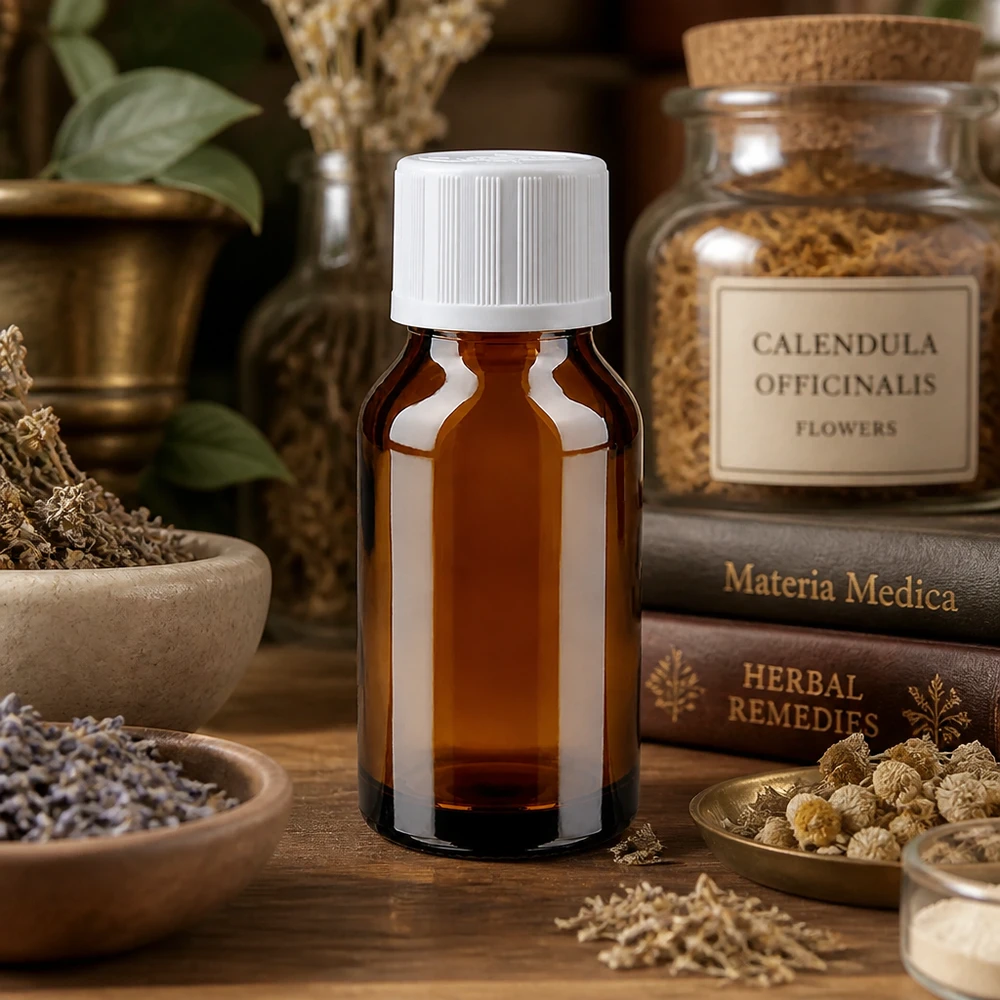 Accessoires pour la phytothérapie : flacon en verre ambré de 15 ml avec protection UV et bouchon blanc à l'épreuve des enfants