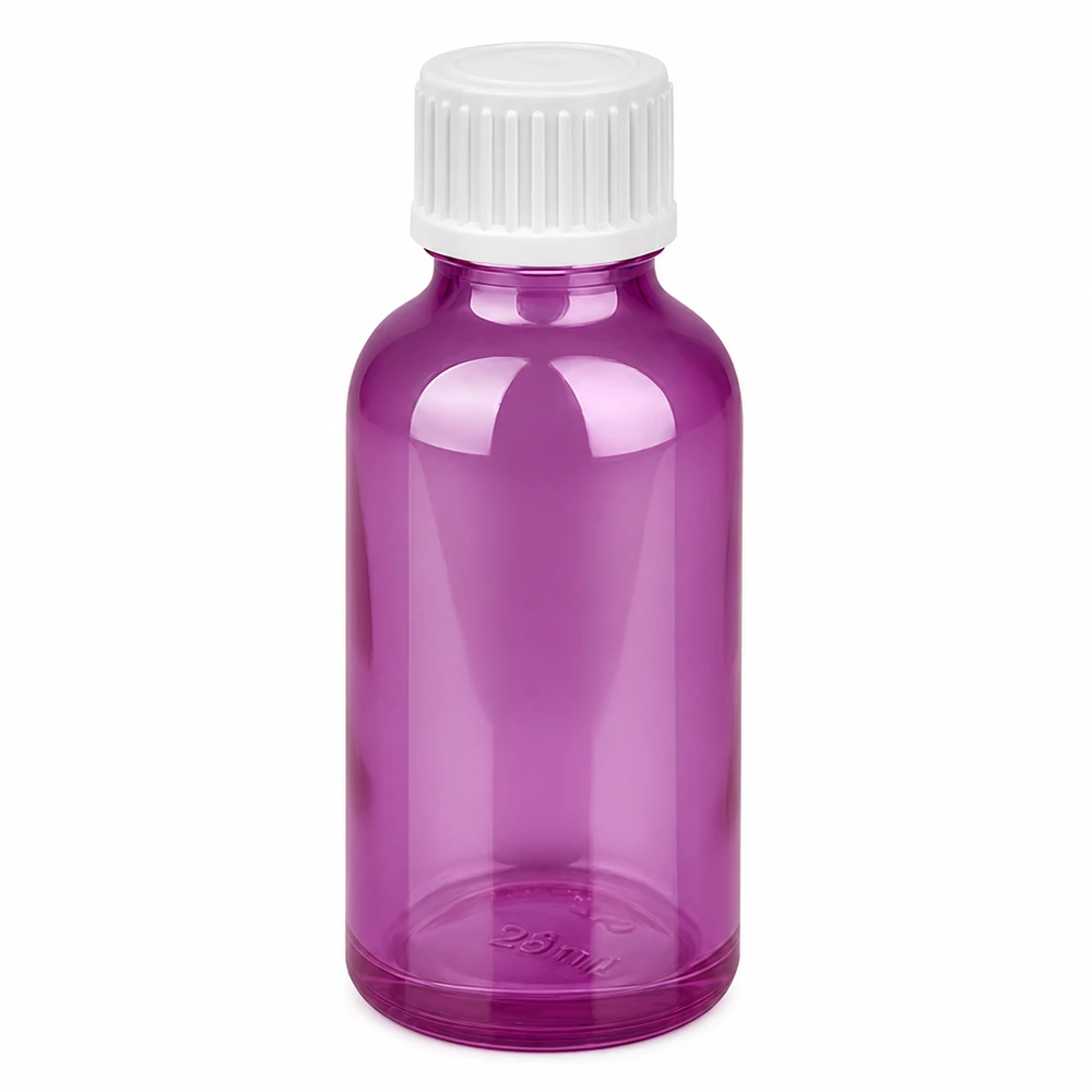 Flacon compte-gouttes 30ml 0.9mm blanc standard PurpleLine. UT18/30 Flacon compte-gouttes 30ml violet transparent avec bouchon à vis blanc pour substances liquides