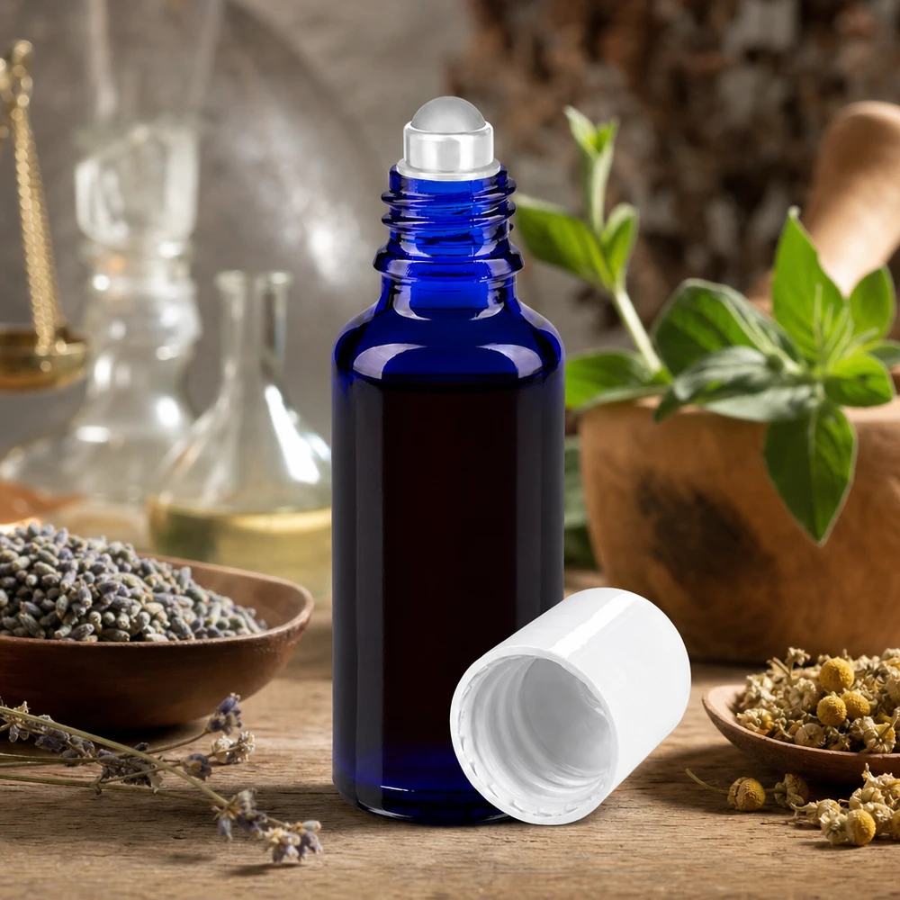 Flacon en verre opacifiante de 30 ml, bleu cobalt, avec applicateur à bille, idéal pour les huiles essentielles et l'aromathérapie