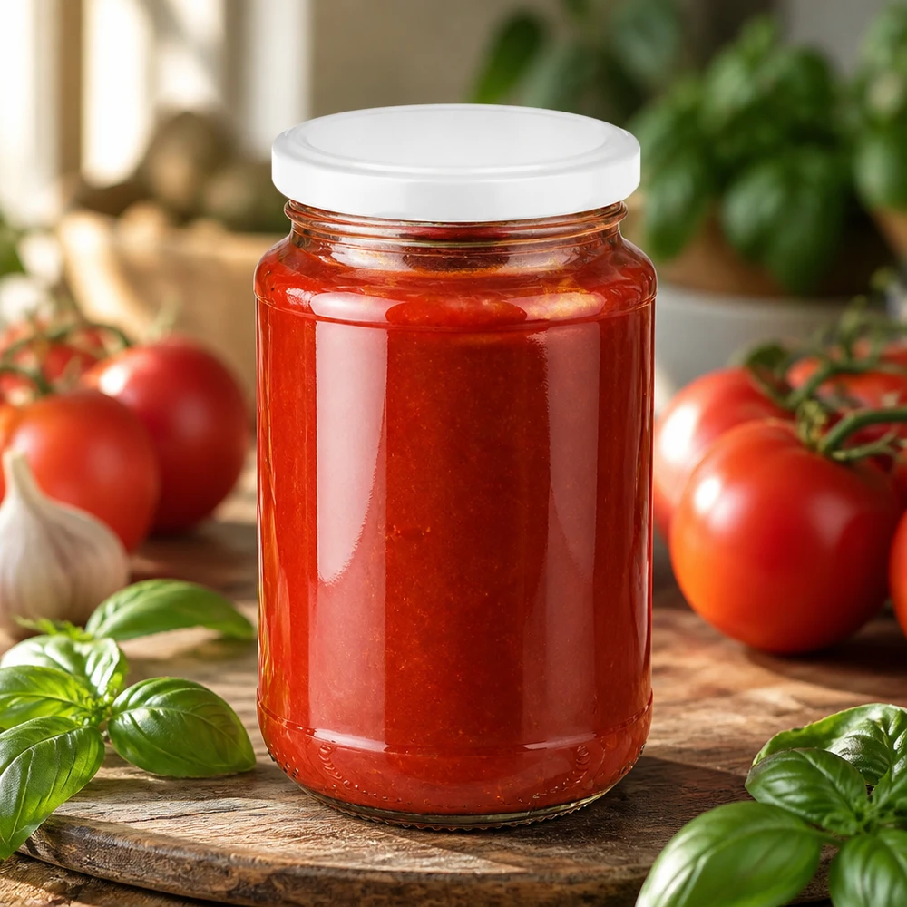 Bocal rond compact de 320 ml de la marque UNiTWIST, équipé d'un couvercle BasicSeal blanc, idéal pour les sauces pour pâtes maison