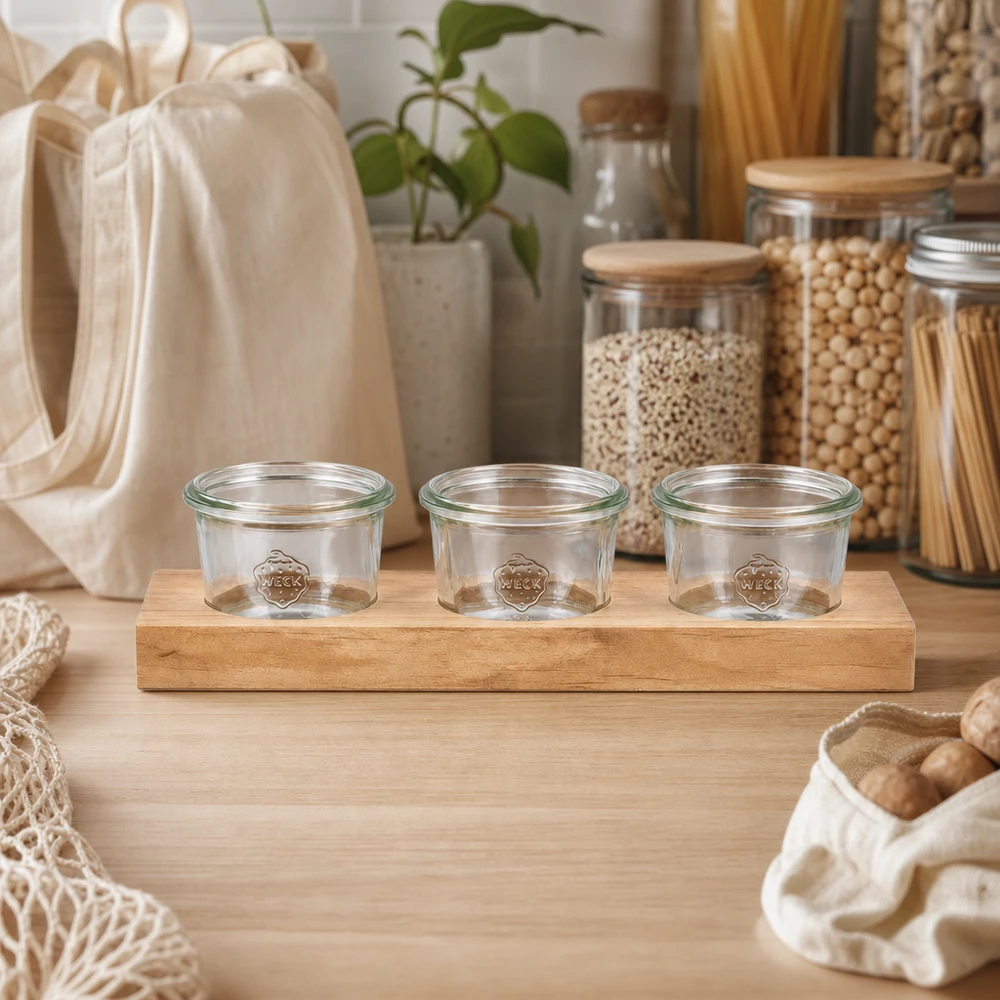 Plateau de service Plano3 avec 3 bocaux Weck de 80 ml Planche de service durable Plano3 avec 3 bocaux vides Weck 80ml dans la cuisine Zero Waste avec des bocaux à provisions