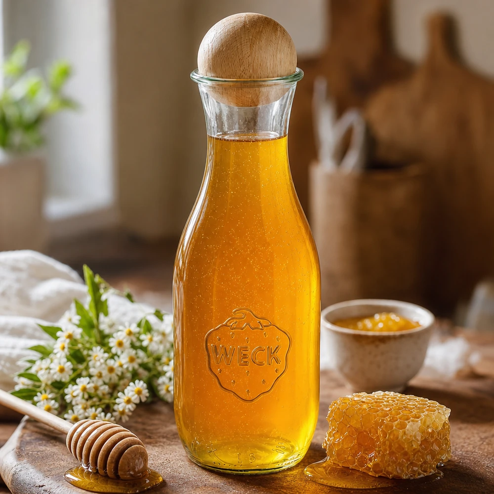 1062ml Bouteille à jus de fruits WECK RR60 avec boule en bois en hêtre WECK Bouteille de jus de fruit 1062ml remplie de miel à côté d'un nid d'abeille Cuillère à miel en bois et fleurs de camomille sur une table en bois