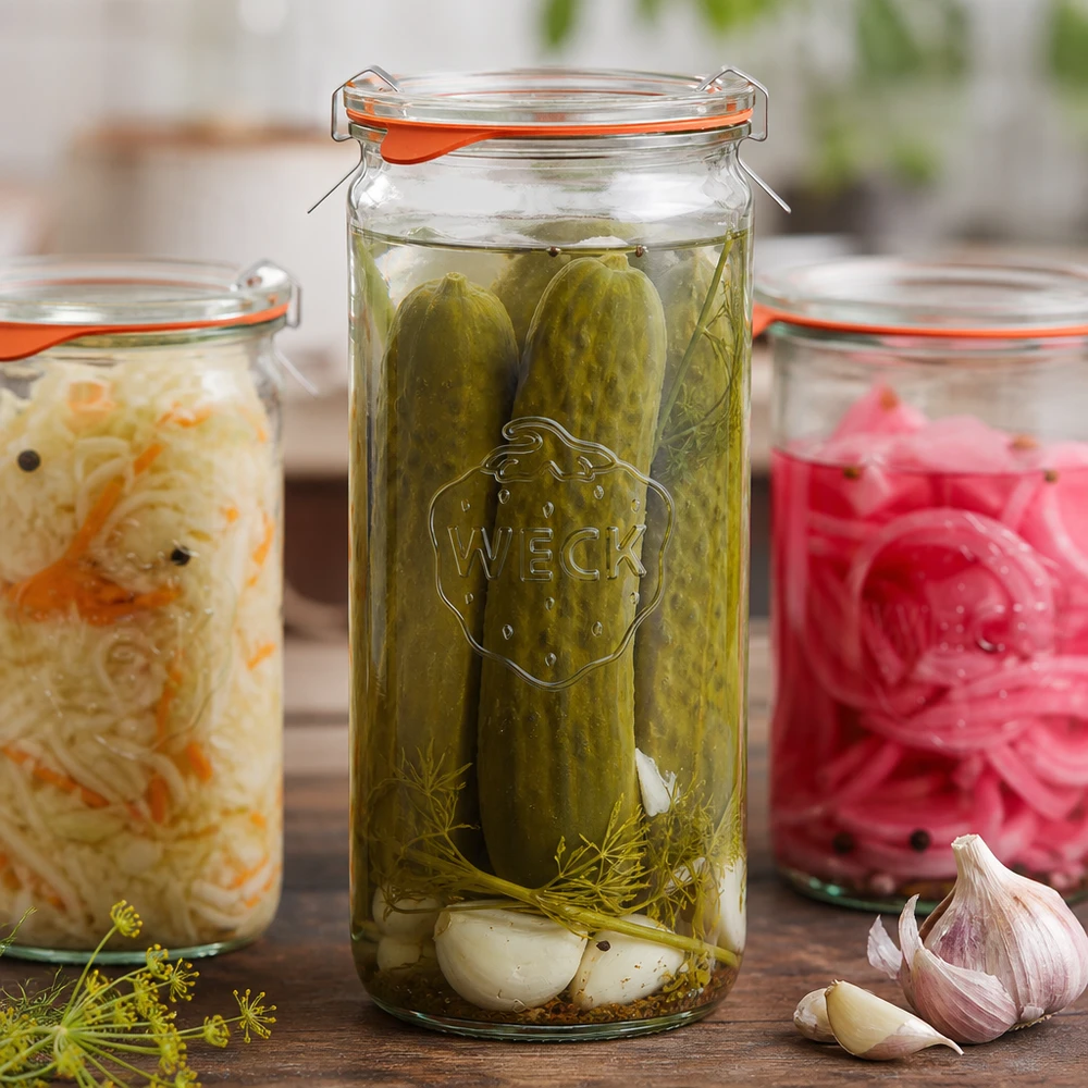 WECK Pot cylindrique RR80 de 1040ml avec cornichons marinés Choucroute et radis pour la fermentation et la mise en conserve