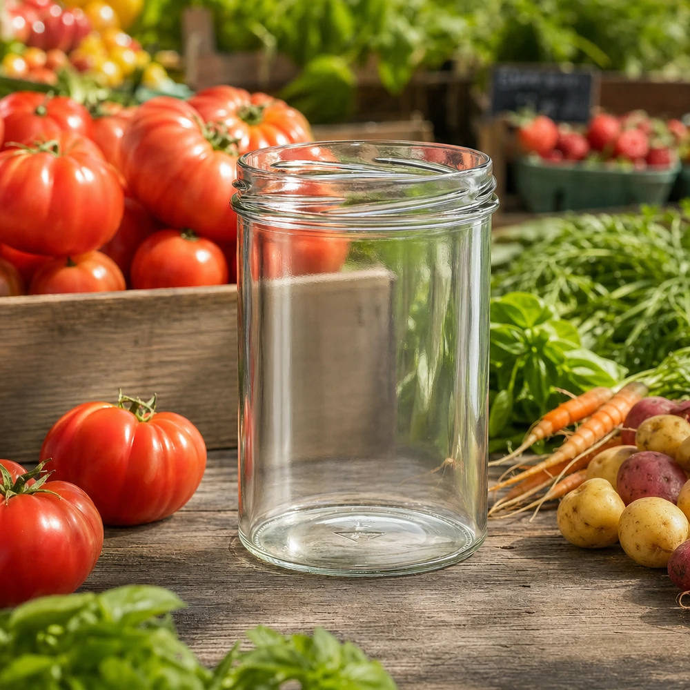 435ml Verre conique sans couvercle (TO82) UNiTWIST UNiTWIST Chute435 Pot de conserve 435ml TO82 sur table en bois avec tomates fraîches carottes et herbes aromatiques dans le jardin