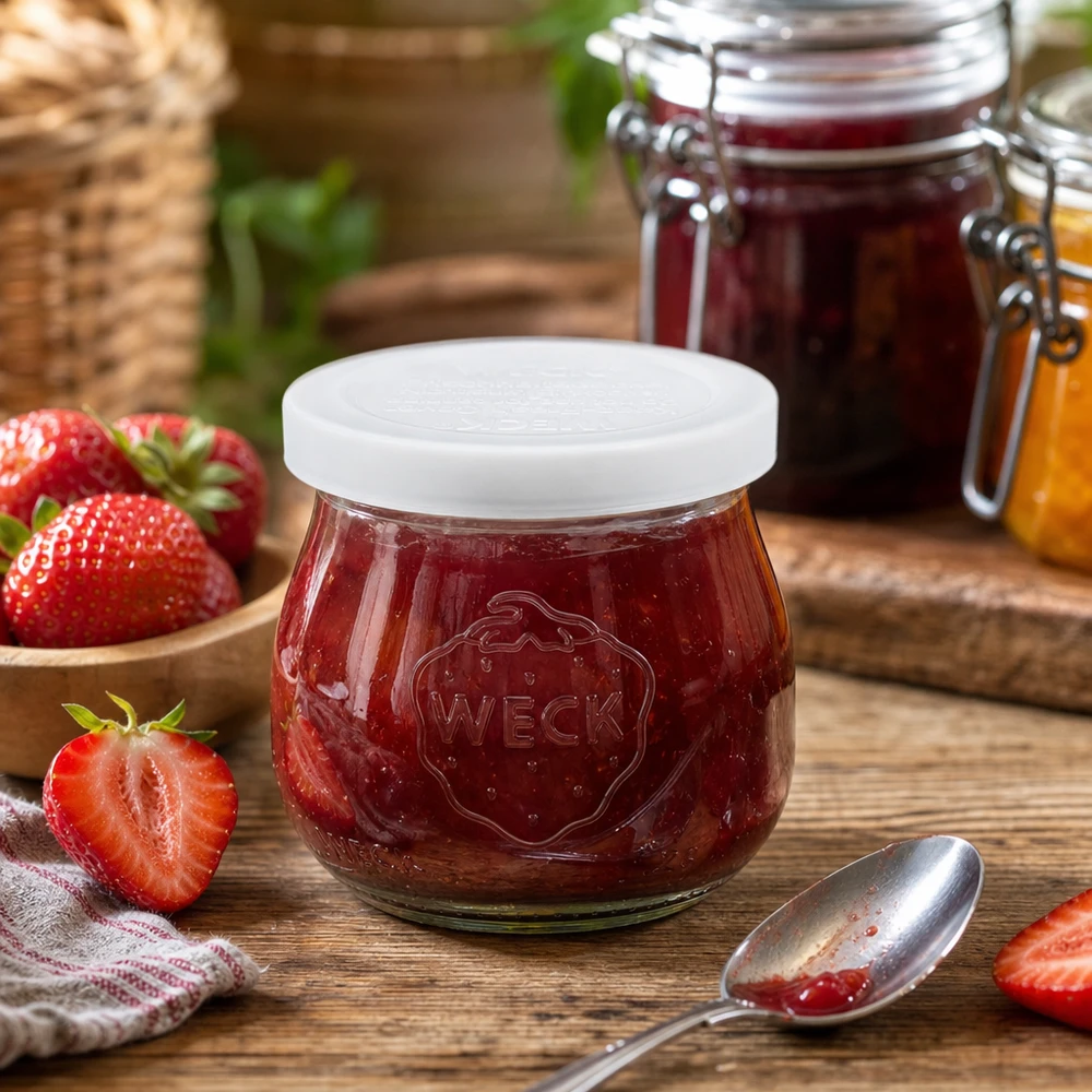 WECK Pot de tulipe de 75 ml rempli de confiture de fraises à côté de fraises fraîches sur une table en bois RR40 Pot de conservation