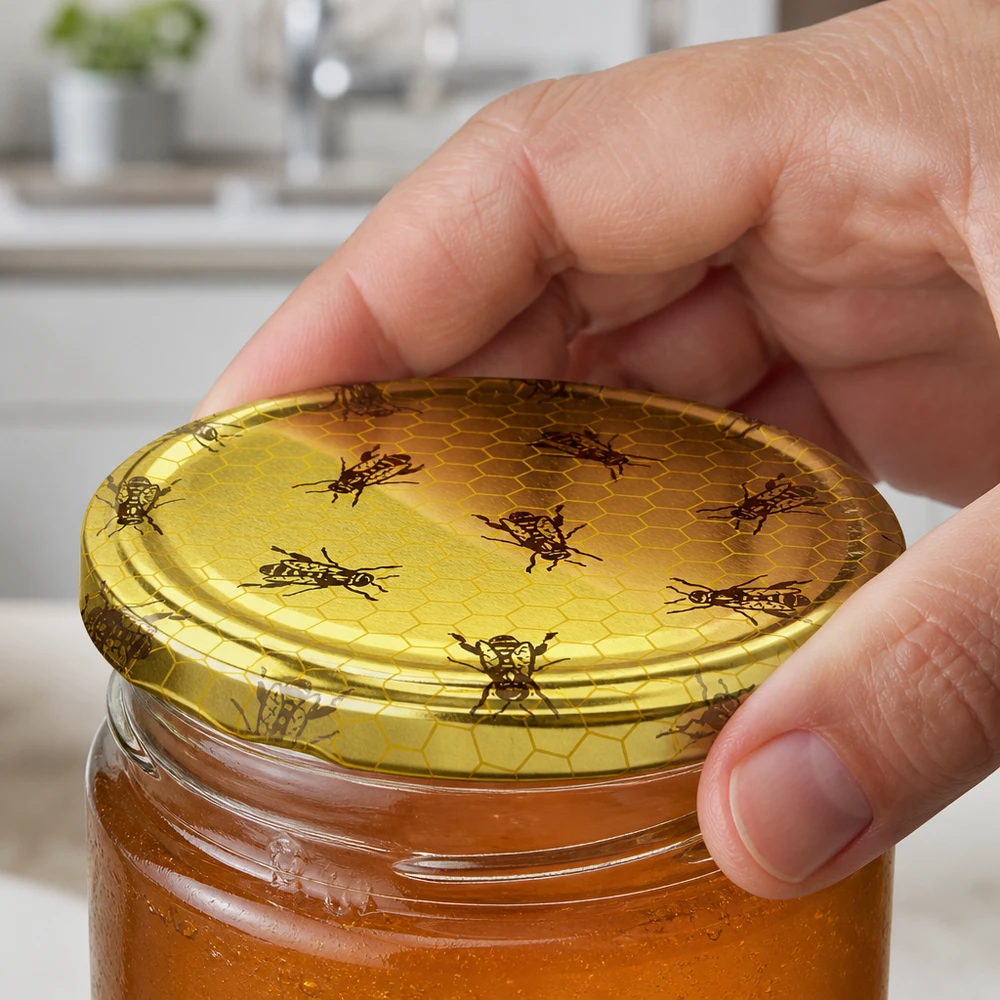 Fermeture d'un pot de miel avec un couvercle métallique TO82 de 82 mm, motif en nid d'abeille vu d'en haut