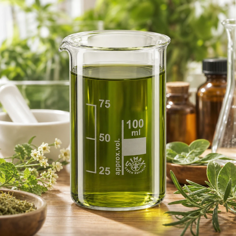 Bécher 100ml en verre borosilicate résistant à la chaleur (forme haute) Verre à bec haut de 100 ml contenant un extrait vert, à côté d'un mortier, d'un flacon en verre ambré et d'herbes aromatiques