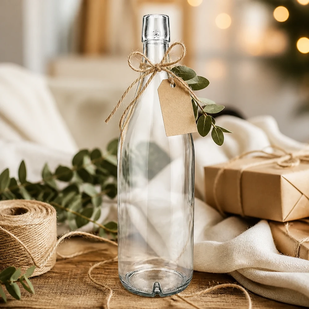 Bouteille en verre de 1000 ml sans bouchon mécanique UNiTWIST Bouteille en verre 1000ml UNiTWIST vide décorée avec de la ficelle de jute et une étiquette cadeau comme idée de cadeau sur un support en bois