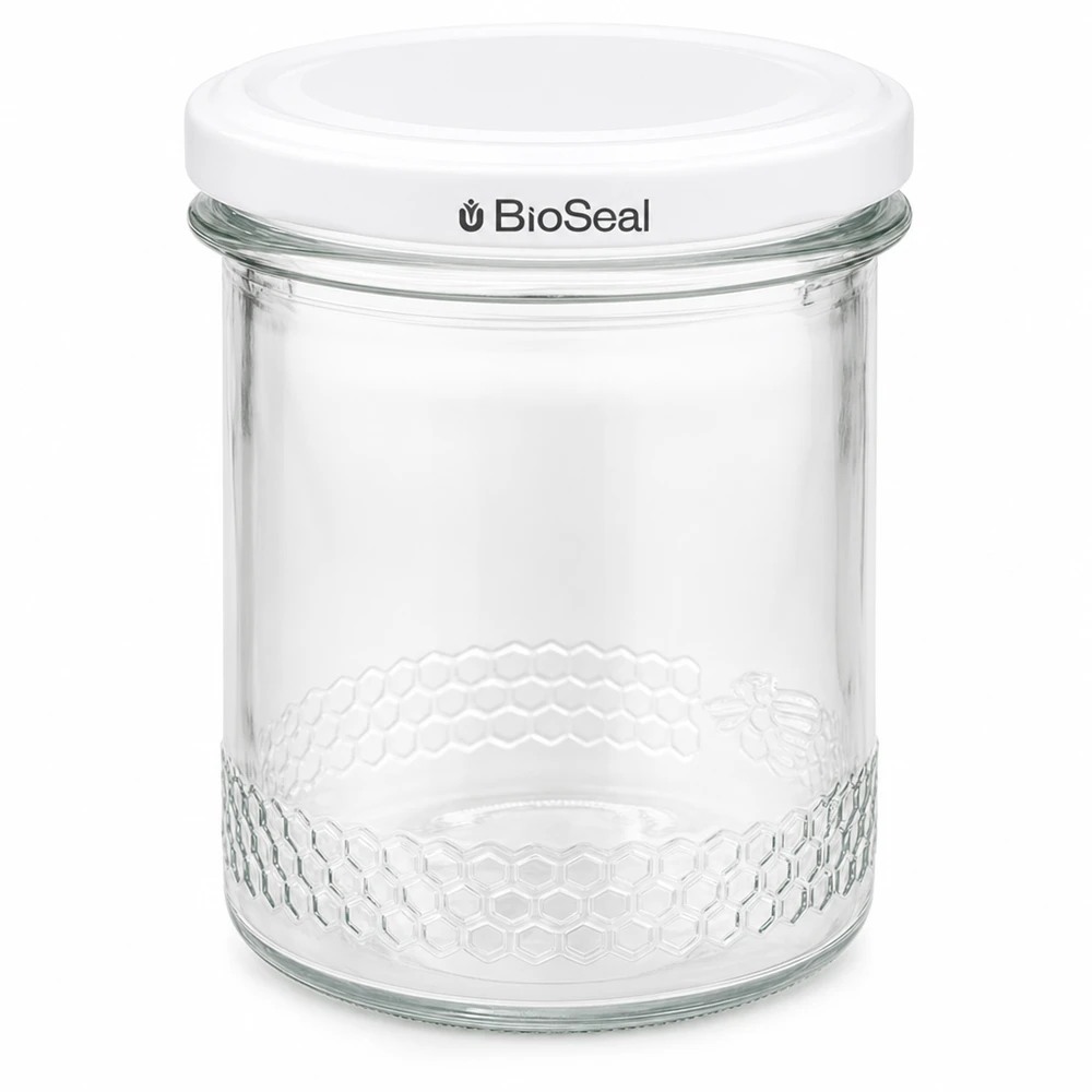 Pot à miel 560 g avec couvercle blanc BioSeal UNiTWIST Pot à miel de 400 ml avec couvercle blanc BioSeal UNiTWIST Pot de conservation Matériel d'apiculture Emballage en verre
