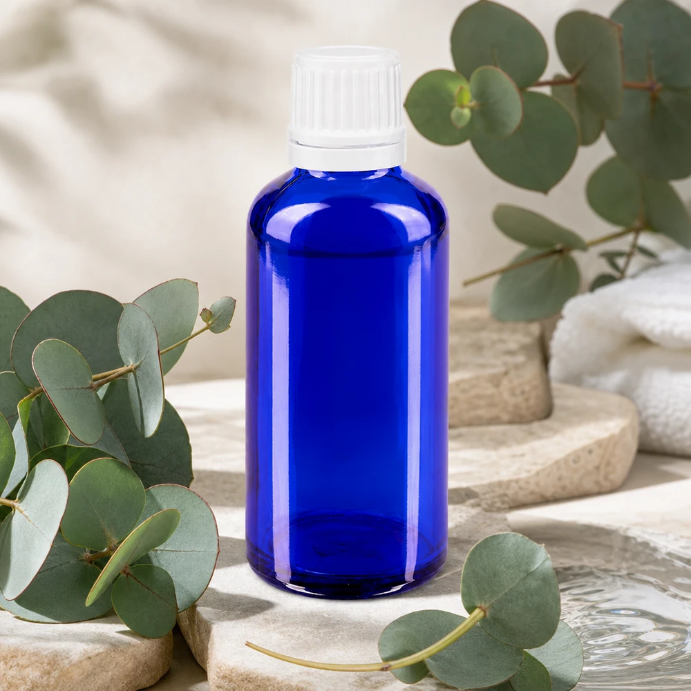 Flacon à pharmacie bleu 50ml bouchon inviolable 1.2mm blanc bouchon d'inviolabilité Flacon compte-gouttes rond en verre de pharmacie bleu de 50 ml, muni d'un bouchon blanc et d'un dispositif de sécurité