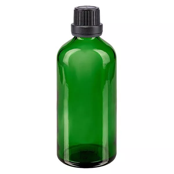 Flacon à pharmacie vert 100ml bouchon à vis noir joint d'étanchéité bouchon d'inviolabilité