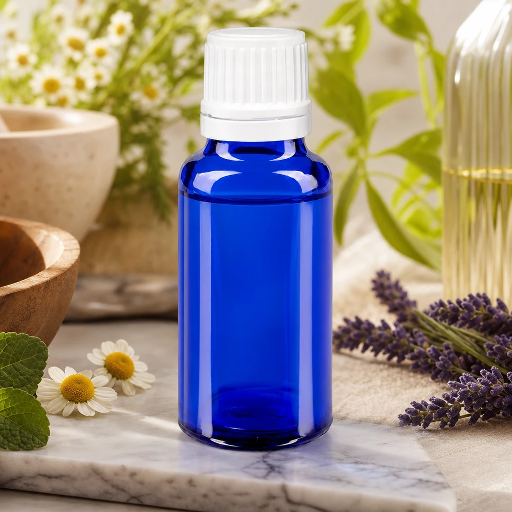 Flacon compte-gouttes de précision de 20 ml en verre bleu, muni d'un embout doseur de 0,7 mm pour une application précise