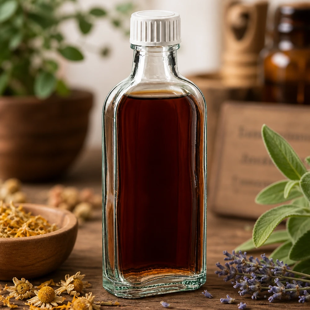 Flasque transparente de 100 ml au goulot DIN 22, avec bouchon à vis DIN 22 blanc en PP et joint mousse en PE Flacon de pharmacie de 100 ml en verre transparent avec un insert en mousse de polyéthylène, contenant de la lavande et des fleurs de camomille