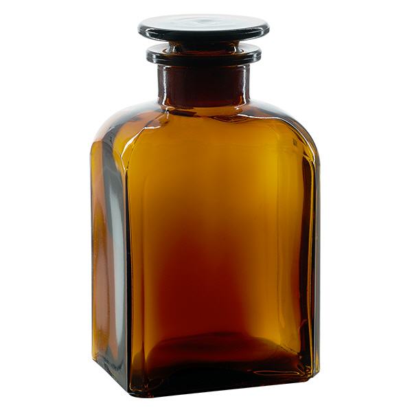 Flacon carré col large 500 ml + bouchon RIN, verre ambré
