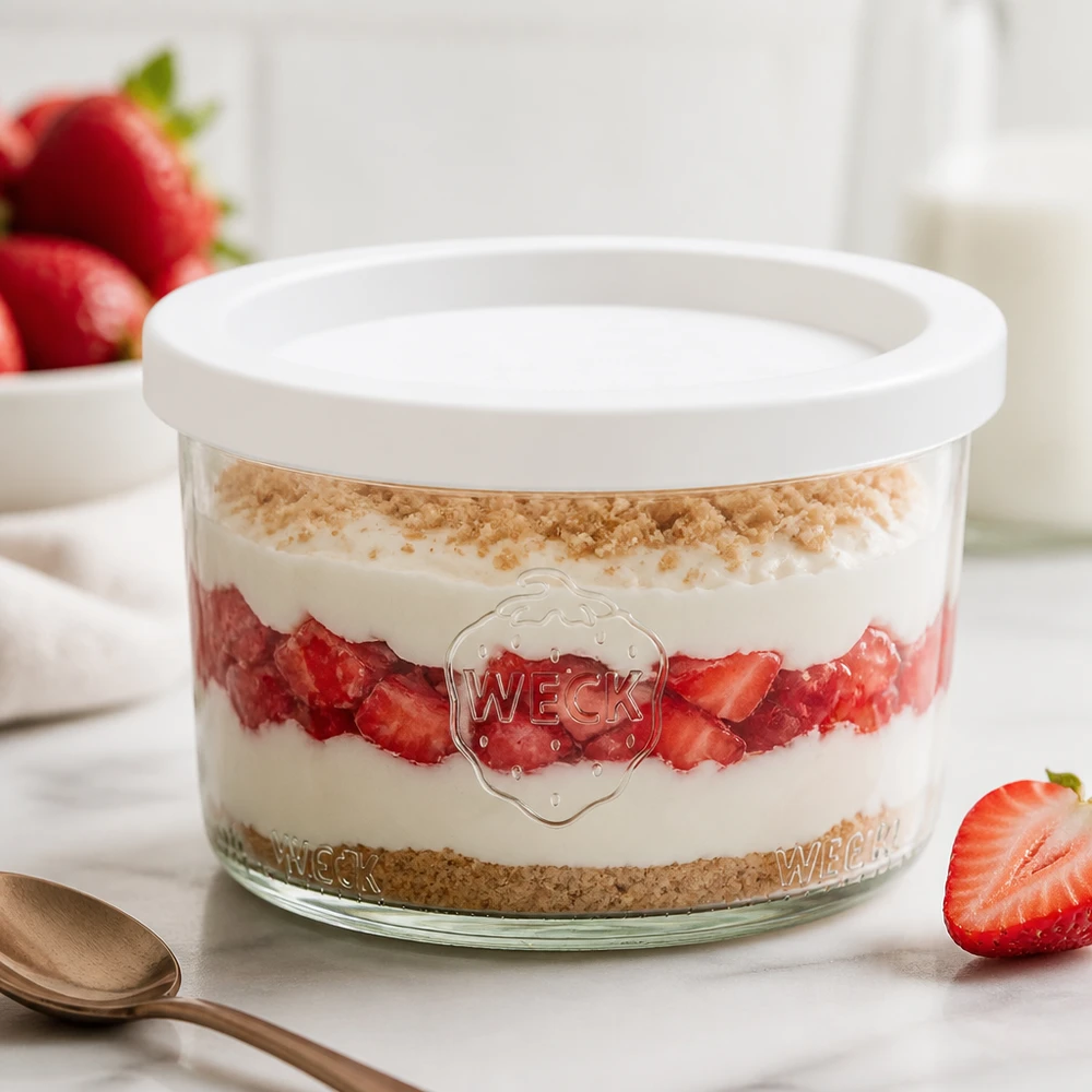 WECK Pot renversé 200ml RR80 avec dessert à la fraise et couvercle blanc pour les desserts et les entremets en pot