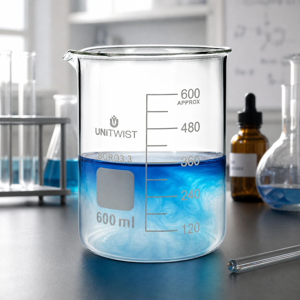 Verre à mesure UNiTWIST, modèle bas, 600 ml, avec graduation jusqu'à environ 600 ml, en cours d'utilisation