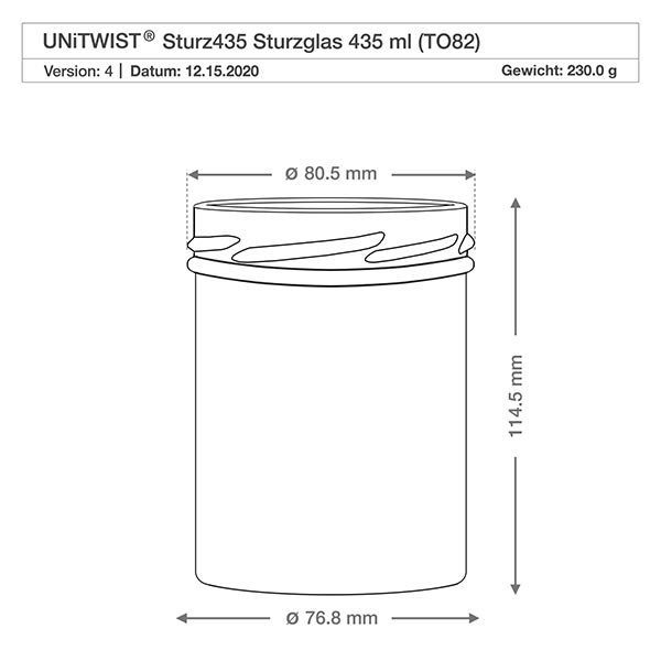 435ml Verre conique sans couvercle (TO82) UNiTWIST Dessin technique UNiTWIST Sturz435 Pot de conserve 435ml avec dimensions Diamètre 80,5mm Hauteur 114,5mm TO82