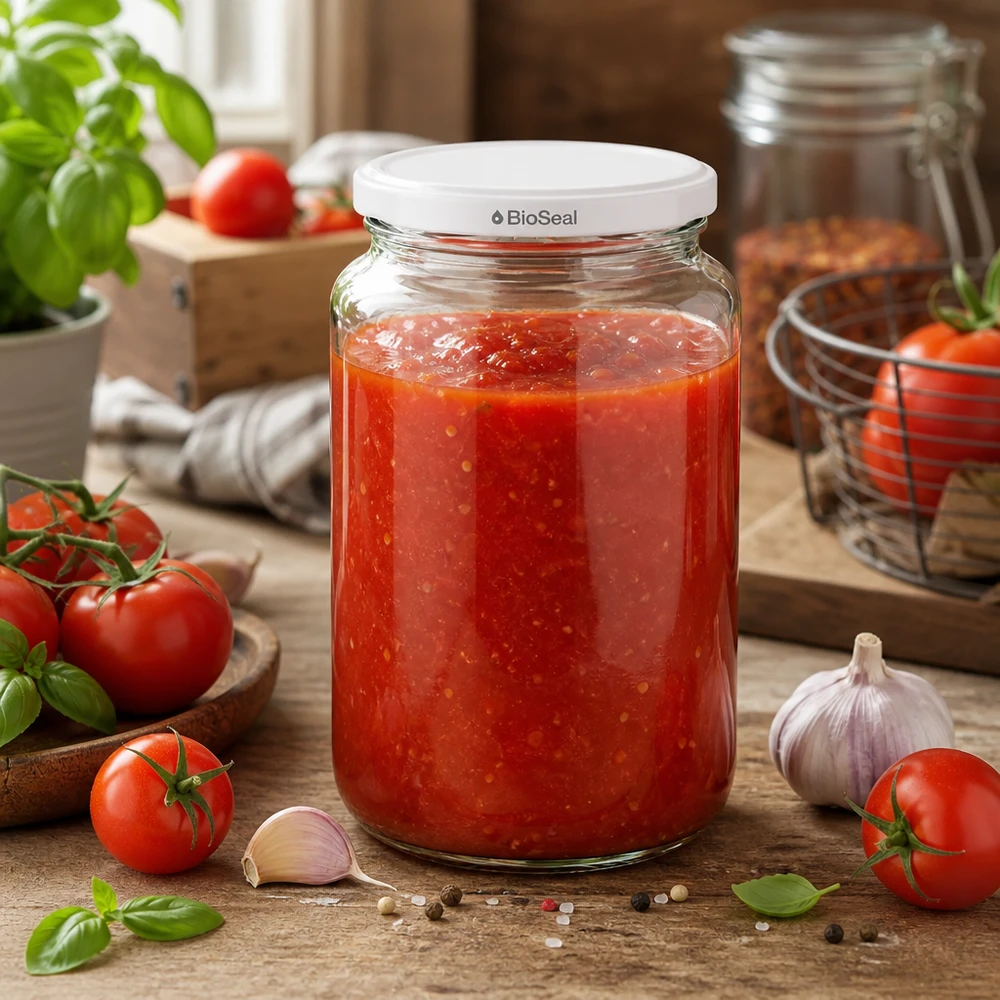 382ml Verre rond avec couvercle BioSeal blanc UNiTWIST UNiTWIST Runda382 mit hausgemachter Tomatensauce - frische Pasta-Sauce im BioSeal Einmachglas für Küchen-Vorrat
