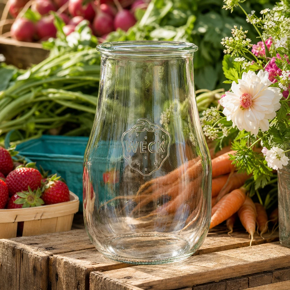WECK Pot tulipe 2700ml RR100 vide sur table en bois avec carottes fraîches, fraises et fleurs décorées dans le style du jardin
