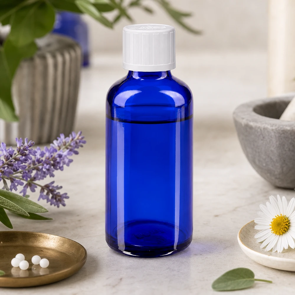 Flacon cylindrique en verre de 50 ml, bleu, muni d'un bouchon de sécurité enfant blanc, dans un décor à base de plantes naturelles