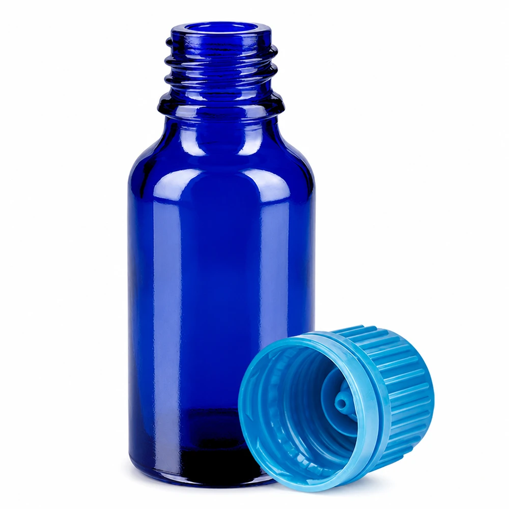 Flacon 20ml 11mm SV bleu OV BlueLine UT18/20 Petit flacon de laboratoire de 20 ml en verre bleu avec bouchon turquoise pour un dosage précis
