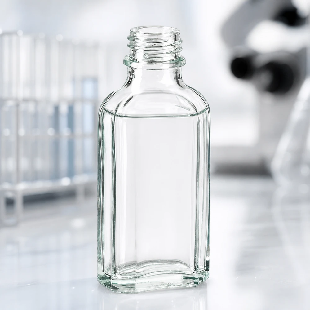 Flasque transparente de 50 ml au goulot DIN 22 Flacon de pharmacie de 50 ml, flacon Meplat transparent avec filetage DIN 22 serré pour un dosage précis