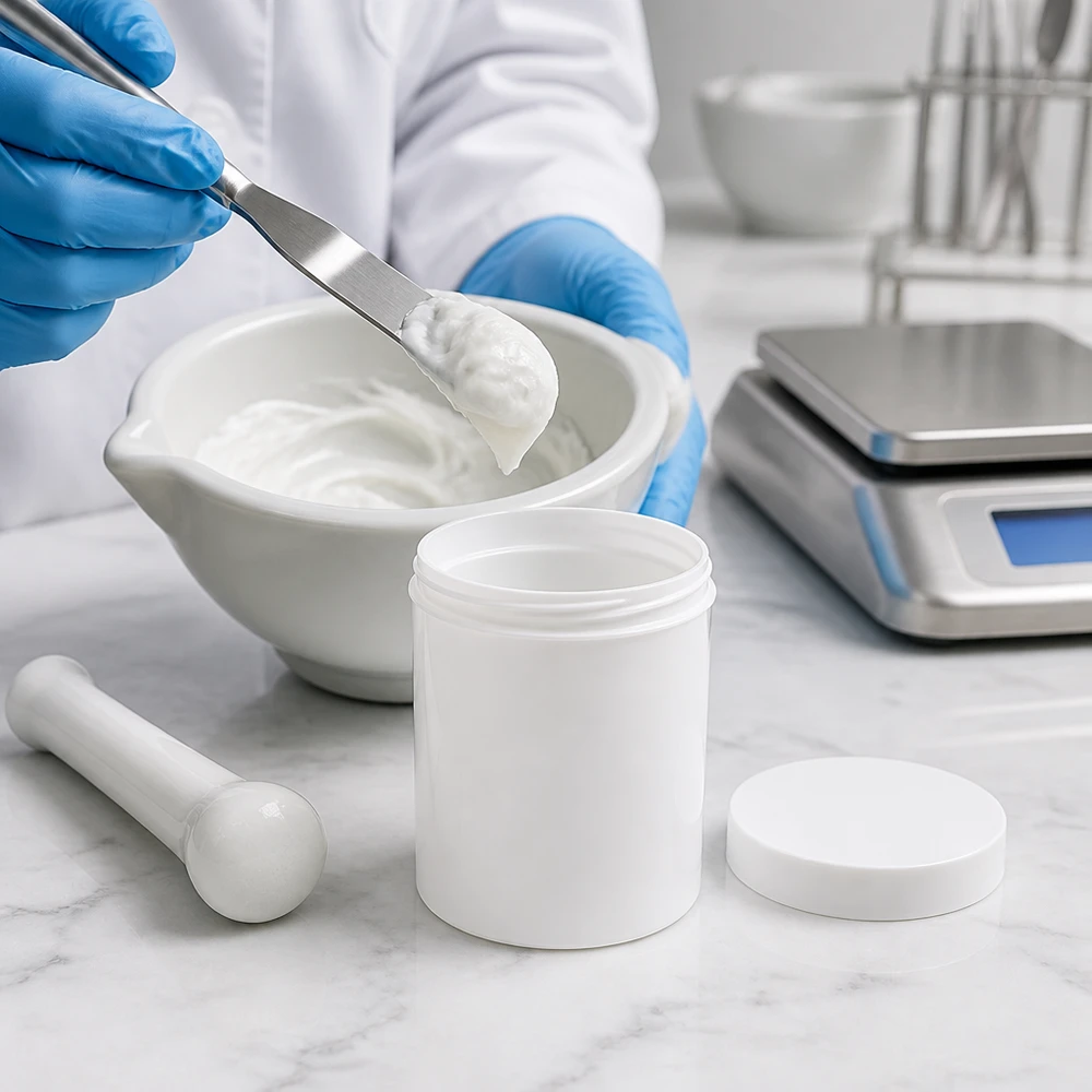 Pot à onguent blanc 300 g avec couvercle blanc (PP) Balance de précision et pot à pommade blanc en PP de 300 g avec couvercle, destiné aux préparations pharmaceutiques