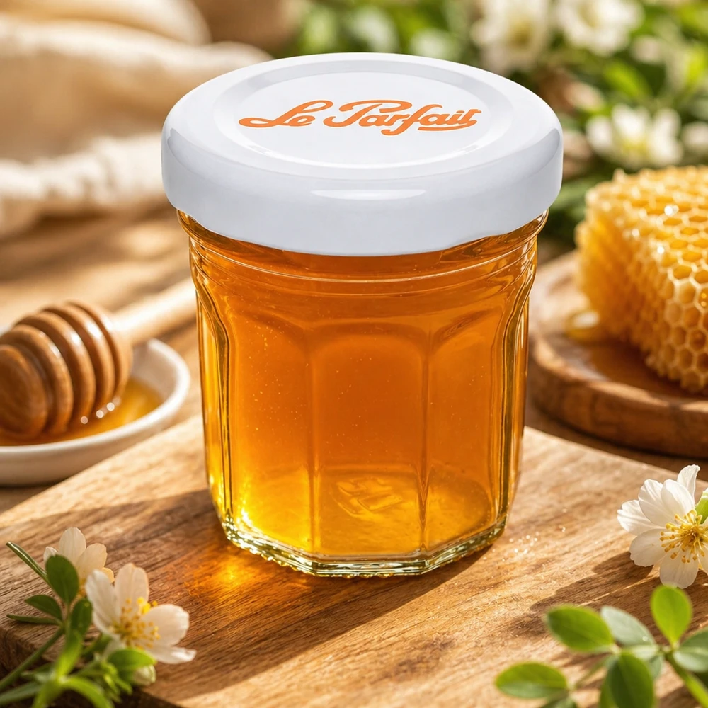 Le Parfait Mini-verre à pied de 44ml rempli de miel à côté de rayons et cuillère à miel sur table en bois avec décoration de fleurs