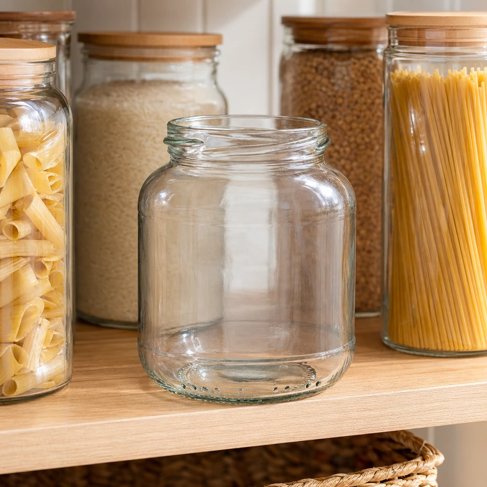370ml Verre ovale sans couvercle (TO66) UNiTWIST UNiTWIST Oval370 Pot de conservation 370ml vide sur étagère en bois entre les bocaux à provisions remplis de pâtes et de céréales