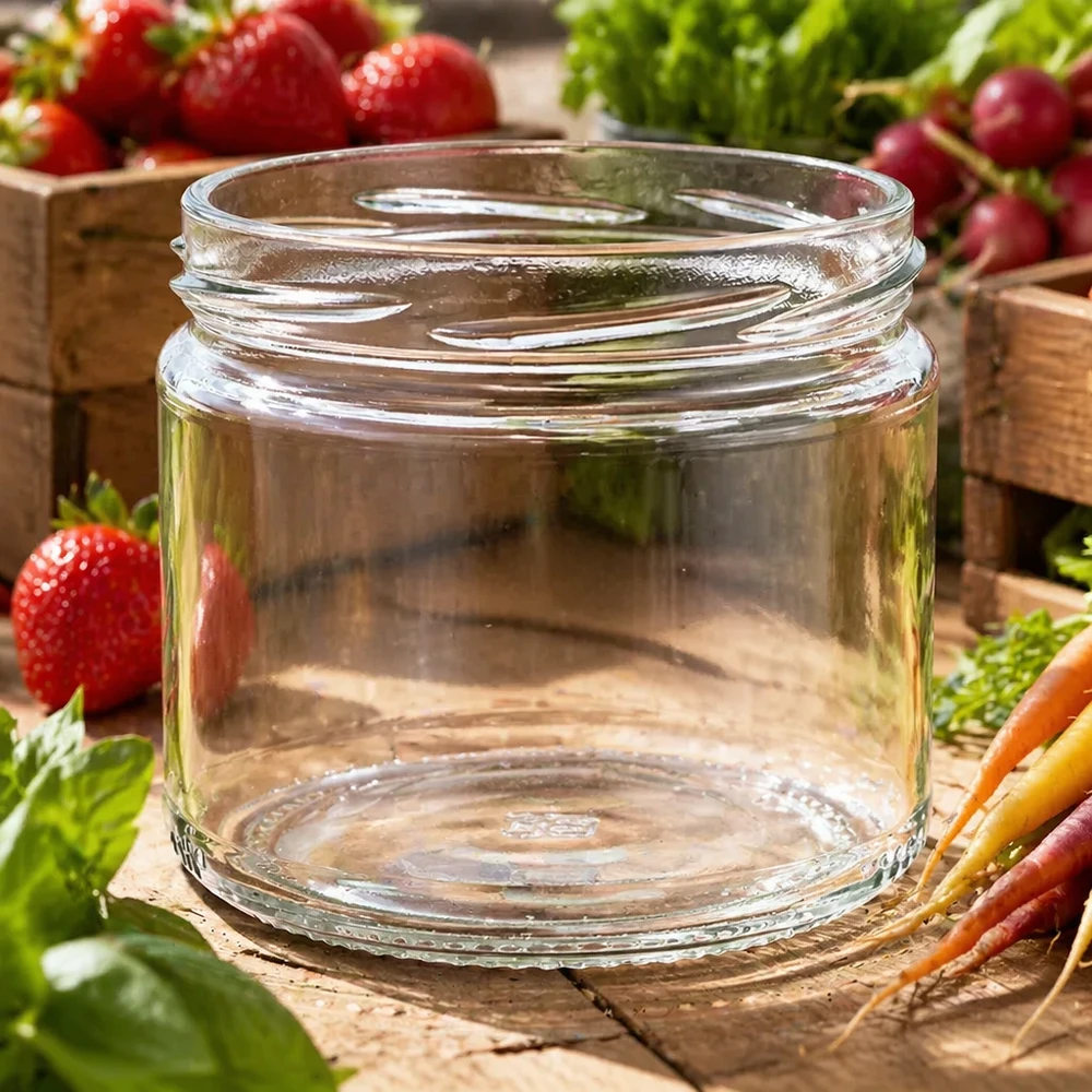 330ml Verre rond sans couvercle (TO82) UNiTWIST UNiTWIST Runda330 Verre rond 330ml TO82 vide sur planche en bois avec légumes frais Fraises Carottes Radis arrangés