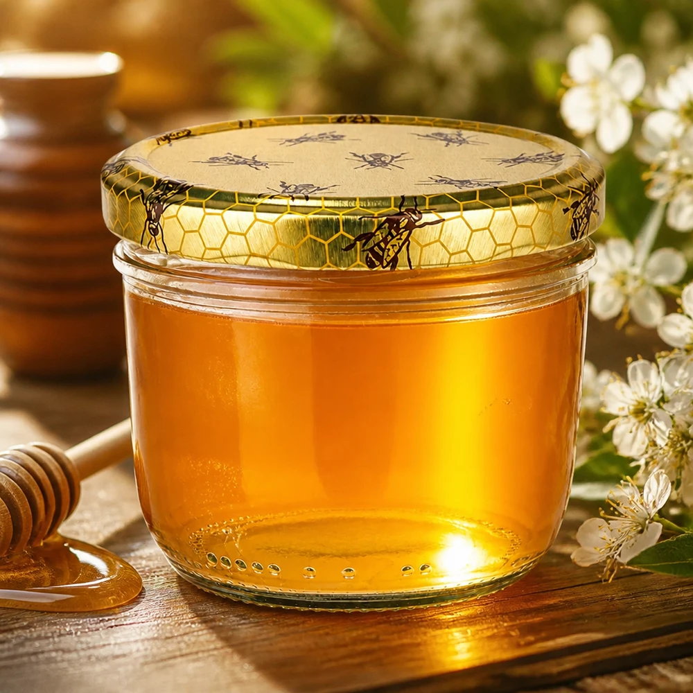 Pot de 230 ml avec couvercle en nid d'abeille rempli de miel doré à côté d'une cuillère à miel et de fleurs blanches sur une table en bois.