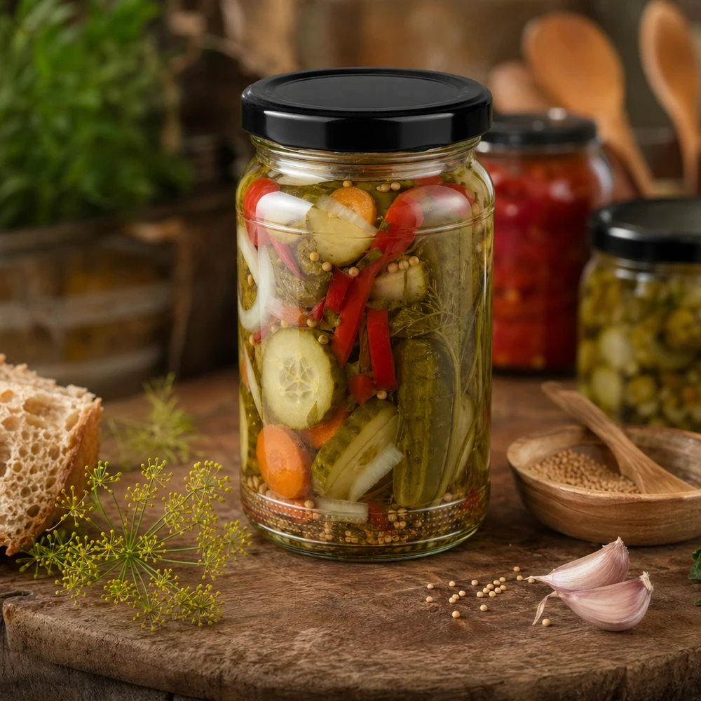 110ml Verre rond avec couvercle BasicSeal noir UNiTWIST UNiTWIST Pot rond 110ml rempli de légumes marinés avec couvercle TO48 noir entre les épices sur planche en bois