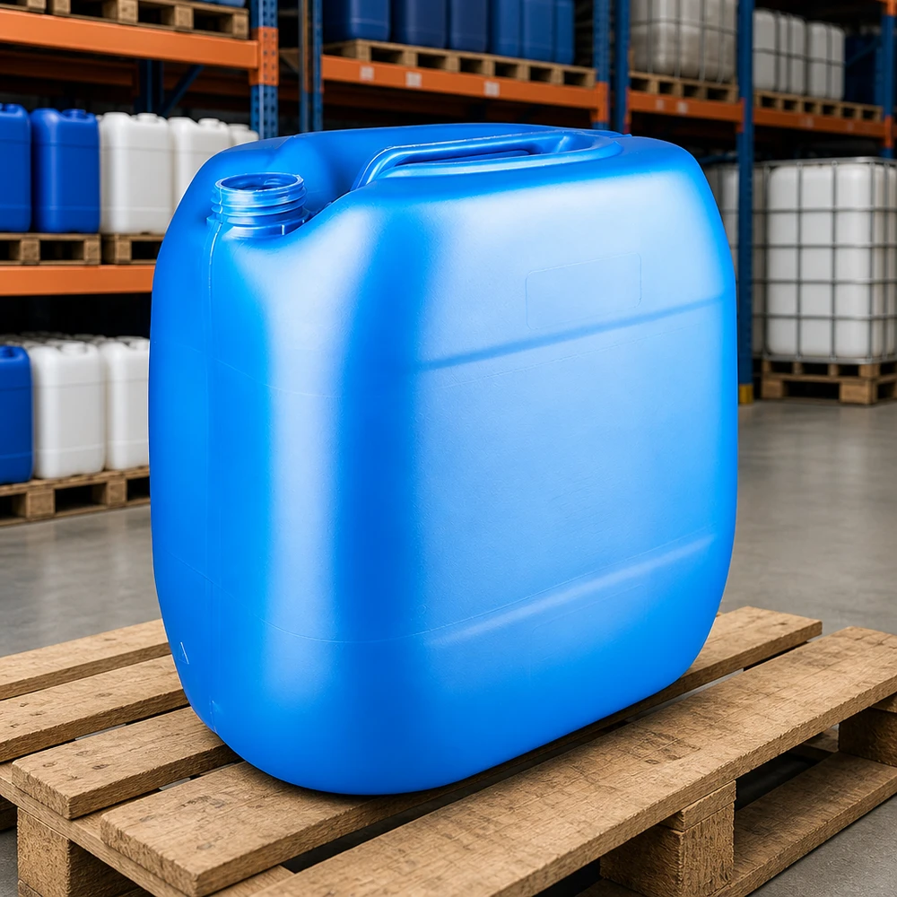 Bidon plat bleu de 30 litres sans couvercle, posé sur une palette en bois dans un entrepôt industriel