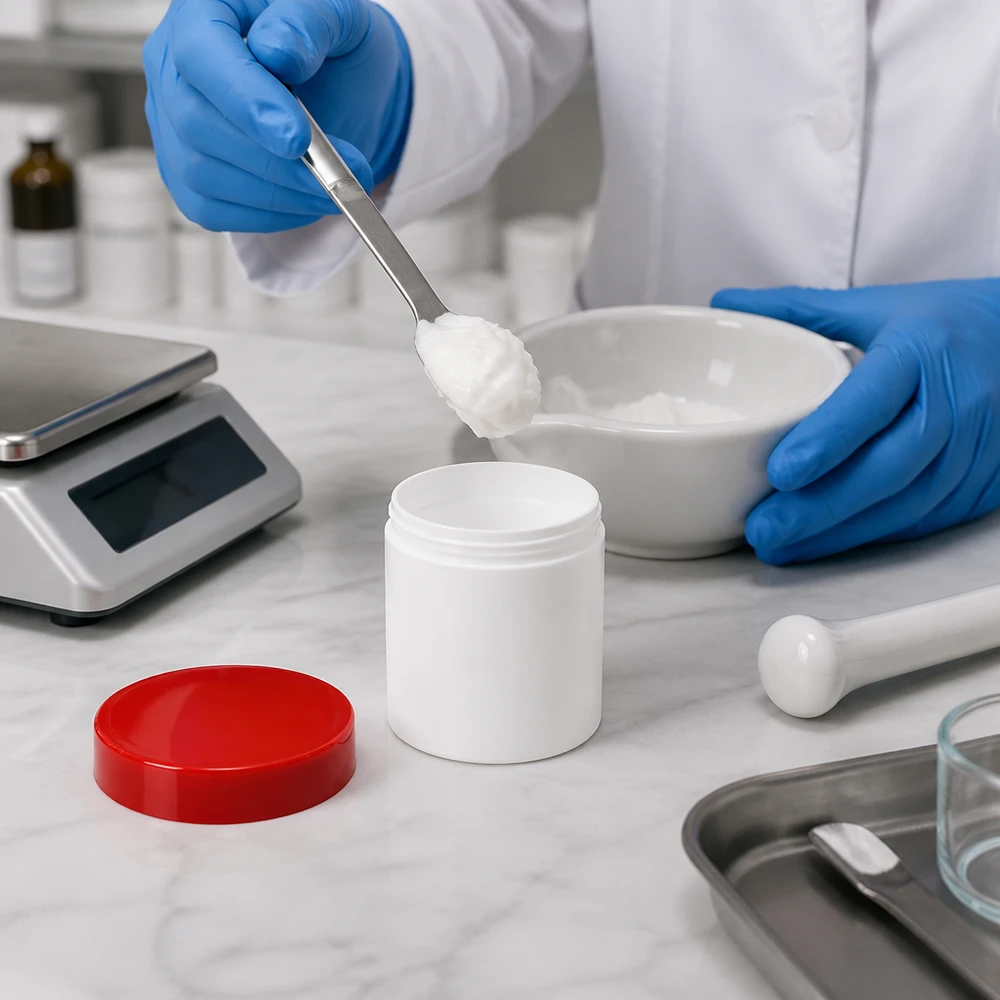 Pot à onguent blanc 30 g avec couvercle rouge (PP) Pot à pommade blanc en PP de 30 ml, avec son couvercle rouge ouvert, posé sur une surface en marbre dans un laboratoire