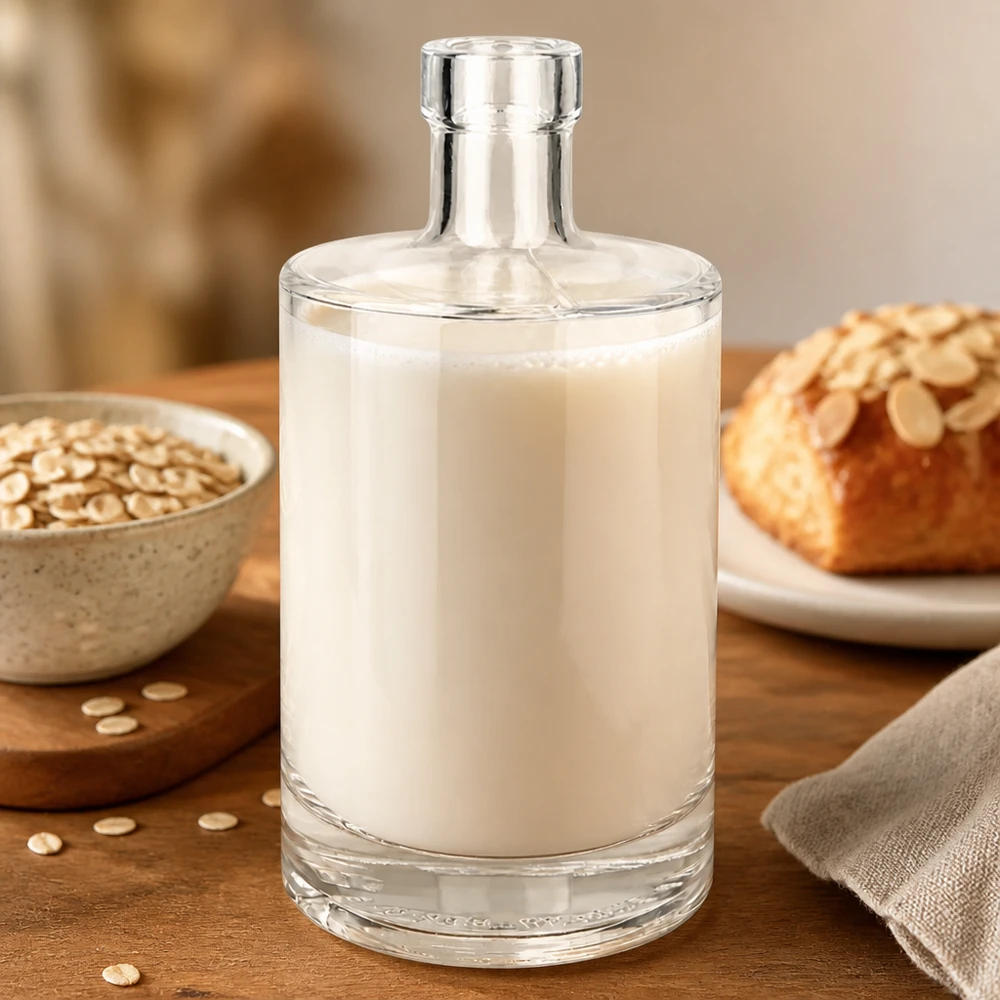 Bouteille en verre 500 ml « Marie » sans bouchon UNiTWIST® La bouteille en verre Marie de 500 ml remplie de lait d'avoine à côté de flocons d'avoine et de pain montre la polyvalence des alternatives au lait