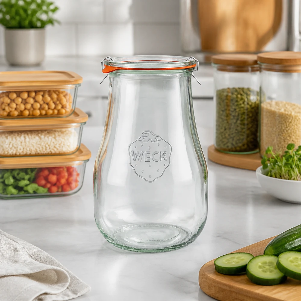 WECK Pot tulipe 2700ml RR100 vide sur plan de travail en marbre entouré de cornichons frais et de récipients Meal-Prep