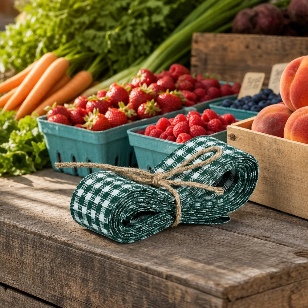 Ruban de tissu vert et blanc 300cm sur table en bois avec baies fraîches carottes et pêches pour décoration de stand de marché
