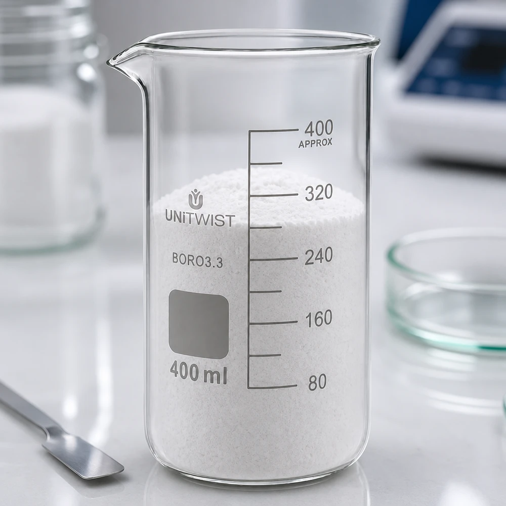 Verre à bec UNITWIST 400 ml BORO3.3, forme haute, rempli d'une substance blanche au-delà du repère des 320 ml