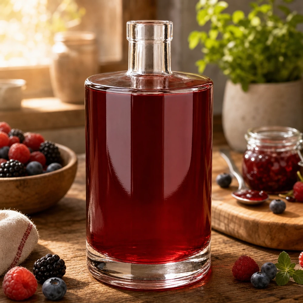 Bouteille en verre 700 ml « Marie » sans bouchon UNiTWIST® 700ml Glasflasche Marie mit rötlichem Beerensaft befüllt umgeben von frischen Beeren auf rustikalem Holztisch