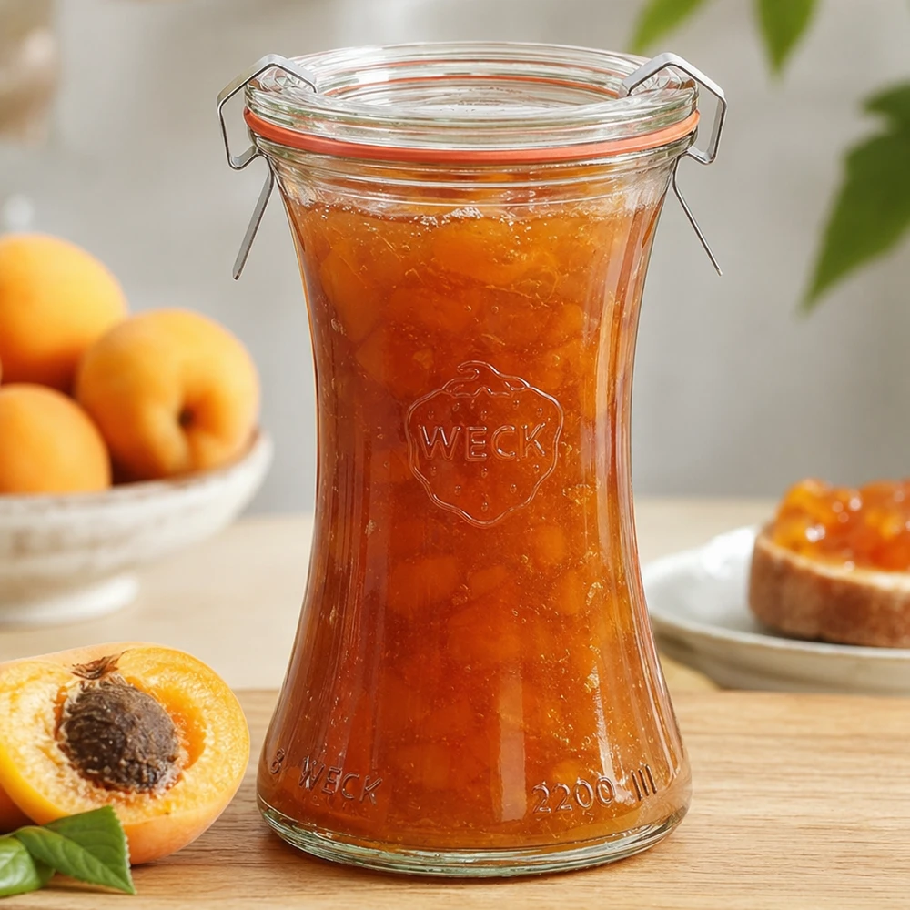 WECK Pot d'épicerie fine 200ml RR60 rempli de confiture d'abricots, entouré d'abricots frais sur table en bois