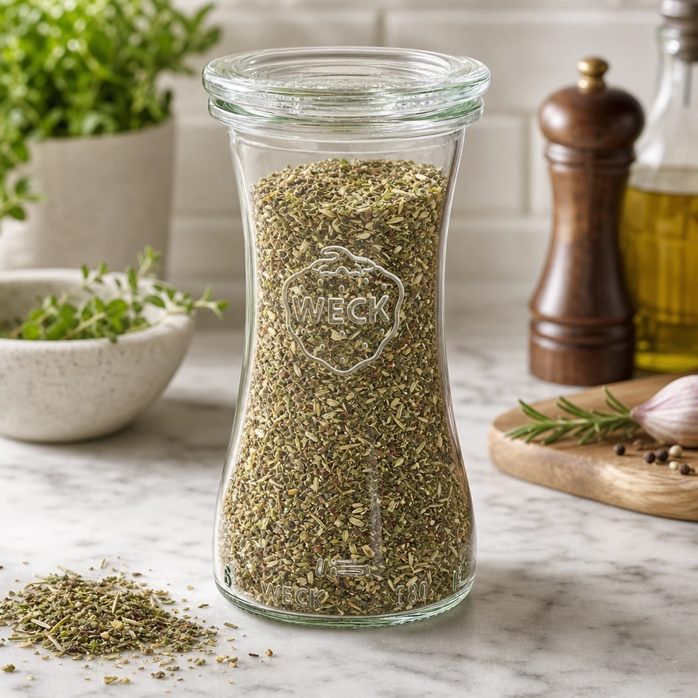 WECK Pot pour délicatesse 100ml RR40 rempli d'herbes séchées dans la cuisine avec moulin à poivre et herbes fraîches