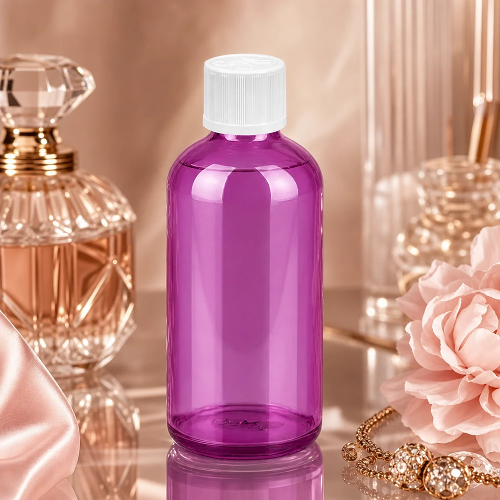 Flacon compte-gouttes 100ml 1,2mm blanc standard sécurité enfant PurpleLine. UT18/100 Bouteille en verre pourpre élégante de 100 ml avec bouchon blanc pour salles de bains et espaces cosmétiques élégants
