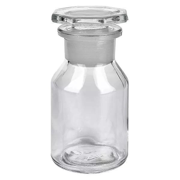 Flacon à col large et conique 50 ml en verre clair + bouchon de verre Flacon à col large de 50 ml en verre transparent, avec un bouchon en verre assorti