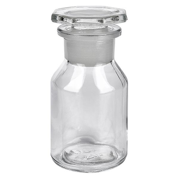 Flacon à col large et conique 50 ml en verre clair + bouchon de verre Flacon à col large de 50 ml en verre transparent, avec un bouchon en verre assorti